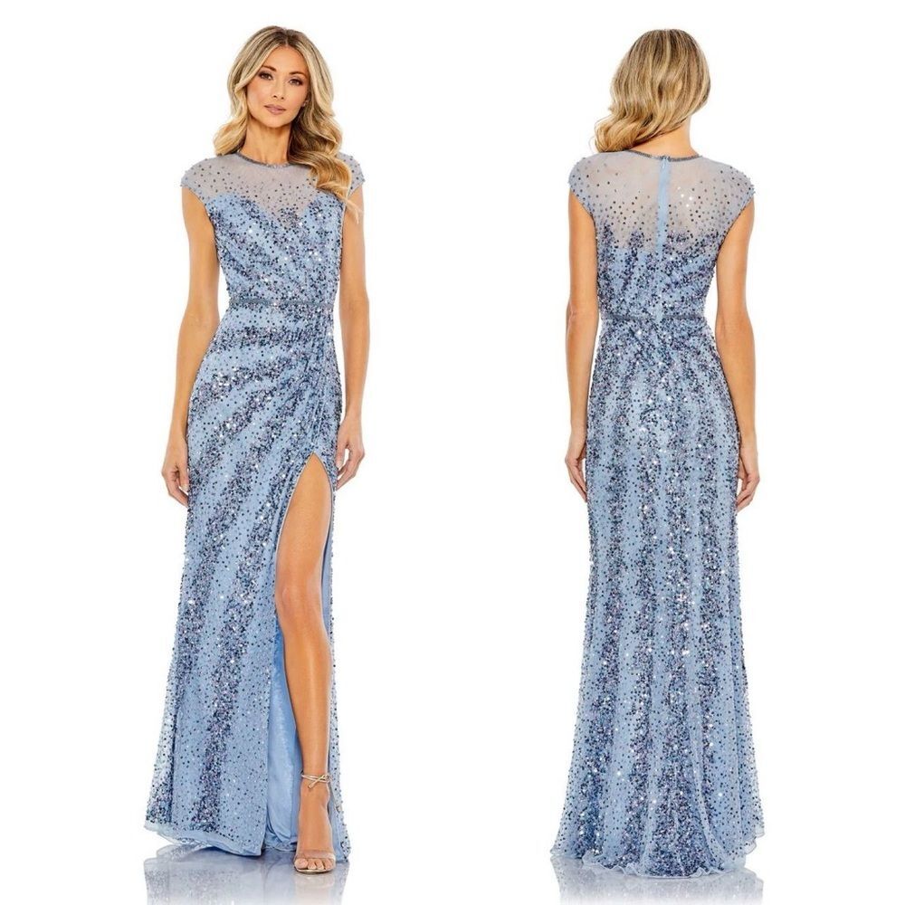 Mac Duggal Embellished Illusion High Neck Cap Sleeve Gown French Blue Size 2